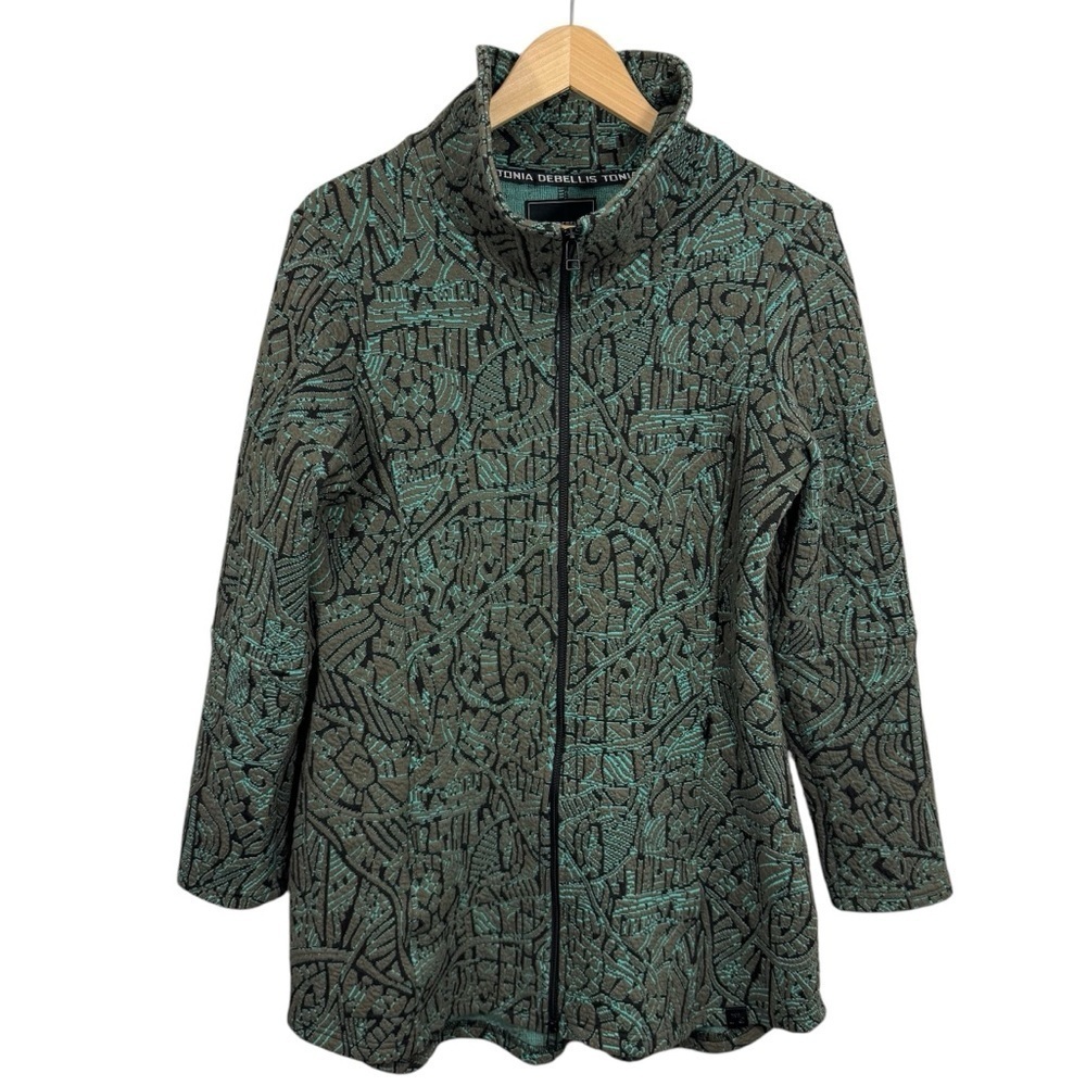 Tonia Debellis Jacquard Jacket Womens L Green Fitted Full Zip Travel Sporty EUC